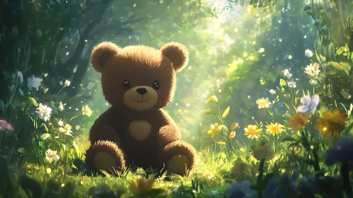 Sunlit teddy bear quietly rules its dreamy forest meadow