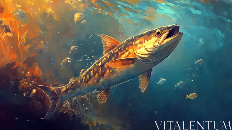 Sunlit predator streaks through a painted underwater blaze