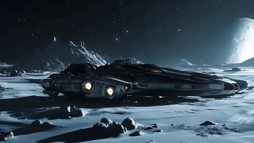 Photorealistic starship on frozen lunar plain, wide cinematic framing.