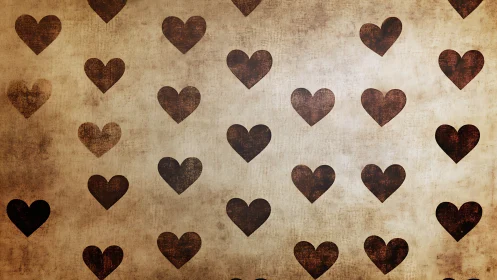 Distressed brown hearts scattered across aged textured background.