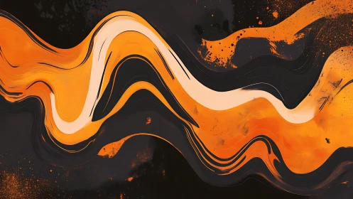 Orange and black fluid waveforms curve across dark canvas