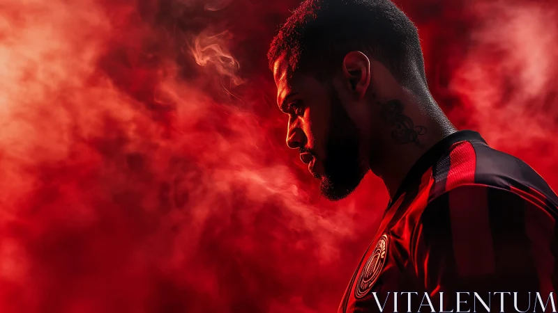 Brooding football warrior in molten red stadium haze.