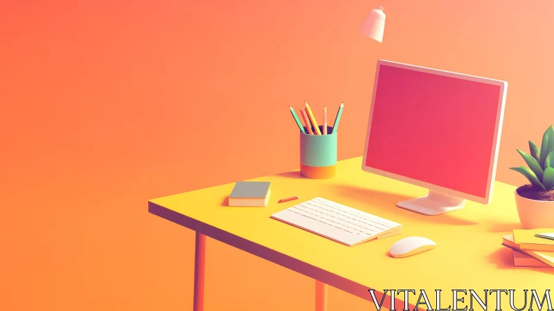 Modern minimalist workspace with computer and vibrant colors.