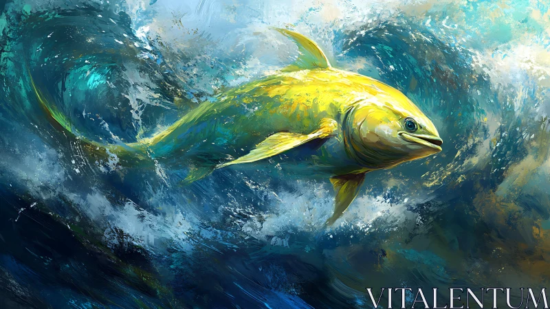 Golden pelagic fish surges through turbulent abstract surf