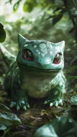 Bulbasaur style creature stands on damp forest floor