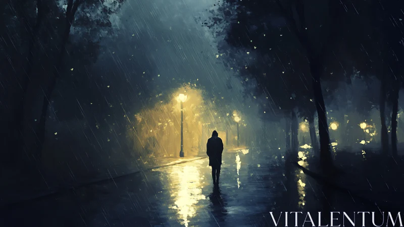 Solitary figure crossing rain-slicked park boulevard at night.