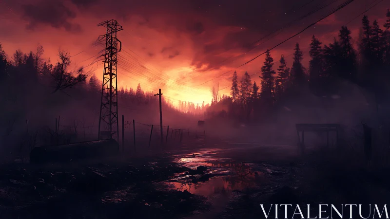 Burnt horizon over a haunted powerline forest roadscape.