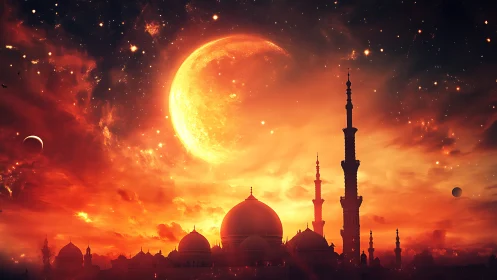 Mosque skyline under giant crescent moon at sunset.