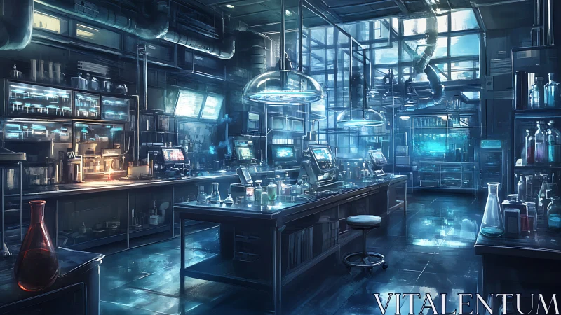 Futuristic blue laboratory interior with glowing research stations.