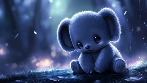 Blue plush creature sits alone on glowing forest floor