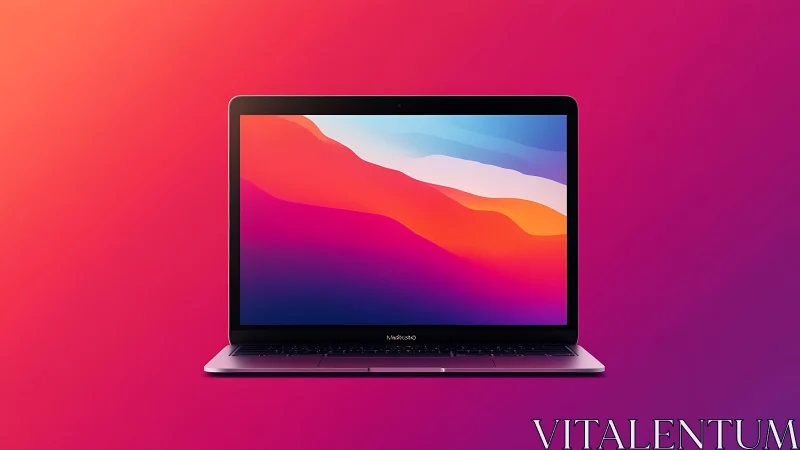Luminous laptop glows against radiant magenta sunset gradient.