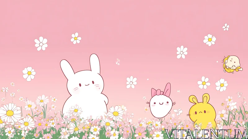 Cartoon animal characters among daisies on pink gradient sky.