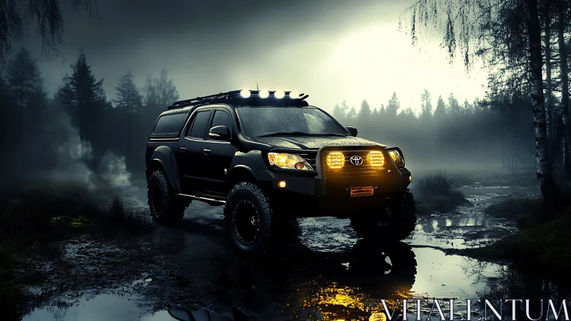 Midnight trail truck prowling through a haunted forest bog.