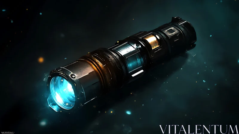 Futuristic cylindrical device projects blue luminescent beam