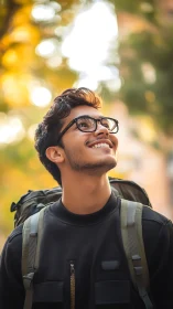 Bright-eyed traveler smiles upward under soft golden light