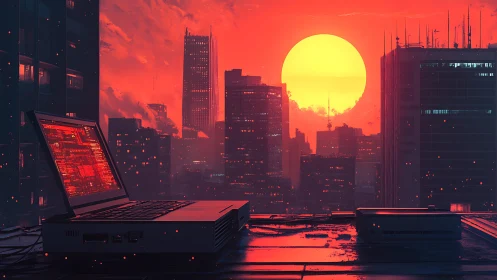 Red sunset over cyberpunk city with rooftop laptop scene.