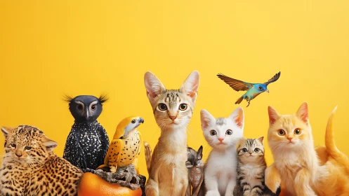 Composite Collection of Wild and Domestic Animals Against Yellow Background.