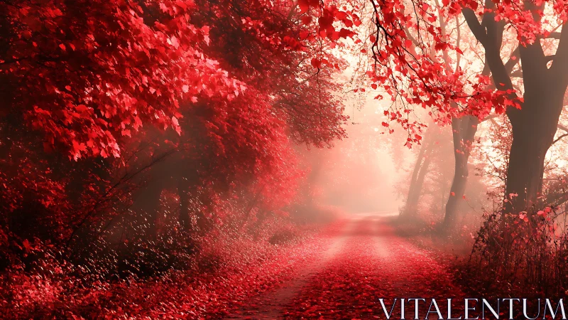 Forest path with dense red foliage in atmospheric light.