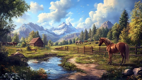 Sunlit horse pasture below snowcapped alpine mountains