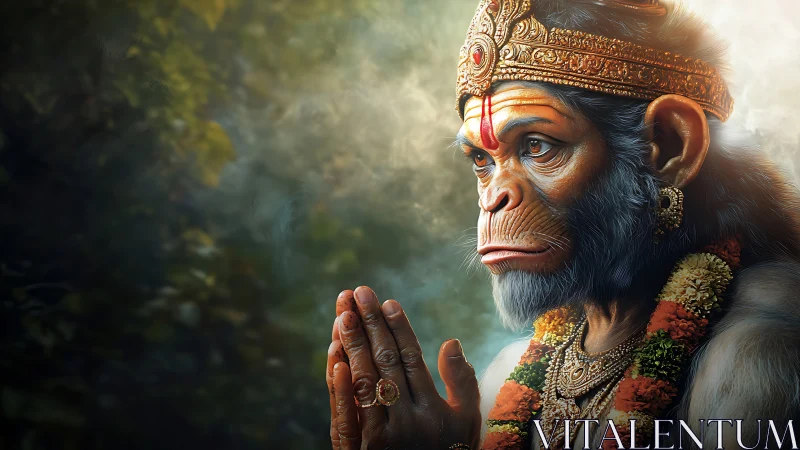 Praying humanoid monkey deity rendered in detailed profile