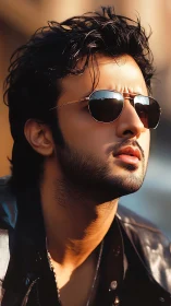 Portrait of man in sunglasses under warm sunlight.