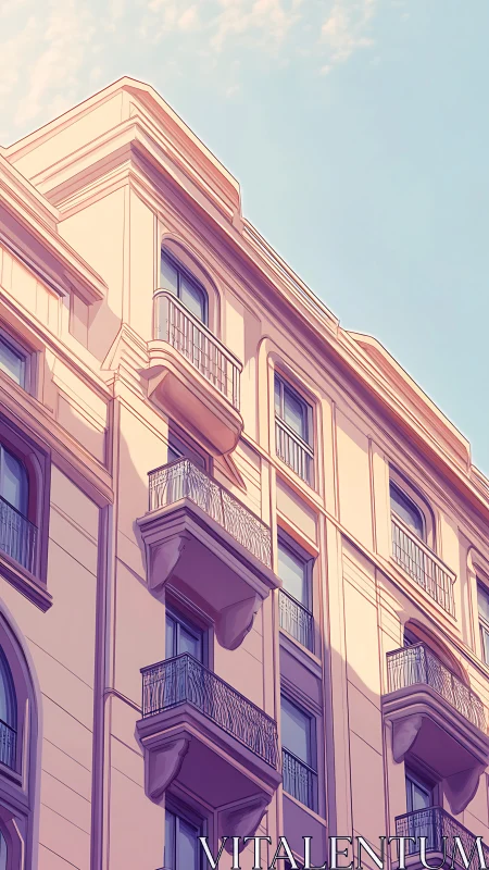 Sunlit pastel balconies climb a dreamy urban morning facade.