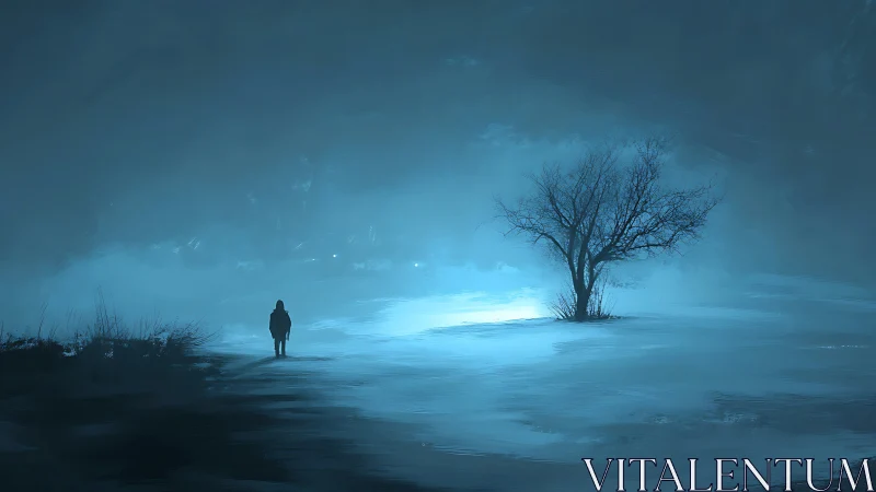 Nocturnal silhouette in fog-diffused cyan winter field.