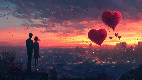 Crimson Hearts Rise Above the Burning City at Dusk