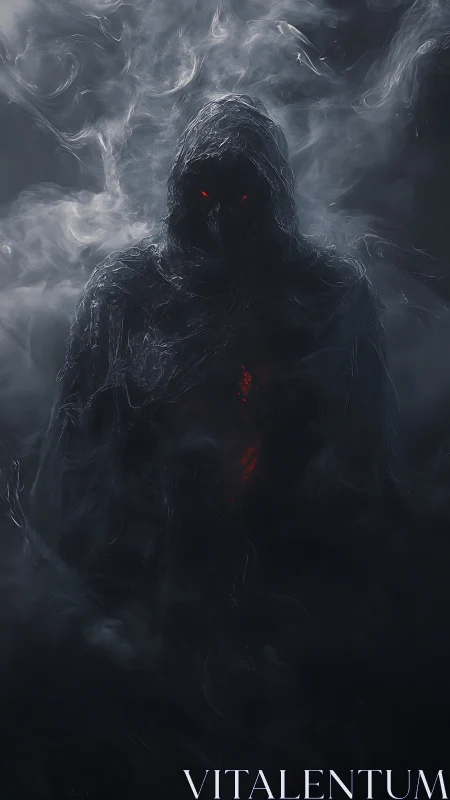 Hooded wraith with ember core emerges from volumetric smoke