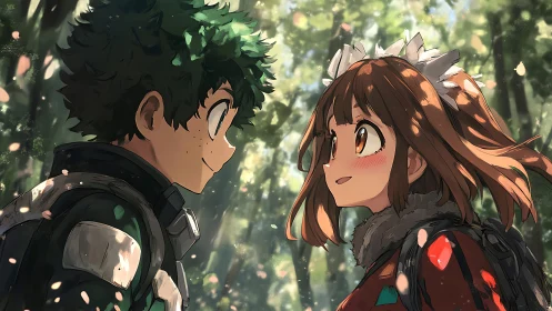 Soft sunlight and shy smiles between two anime friends.