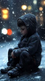 Solitary child in hooded coat under cinematic urban snowfall.