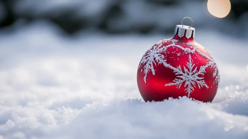 Red matte Christmas bauble on fresh snow with frosted snowflakes