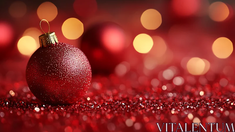 Glistening red bauble on glittering festive backdrop.