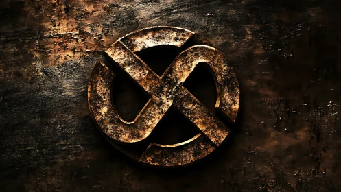 Weathered metal emblem glows softly against dark rust