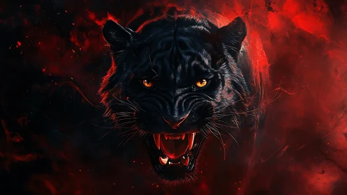 Predatory black panther portrait in infernal red smoke.