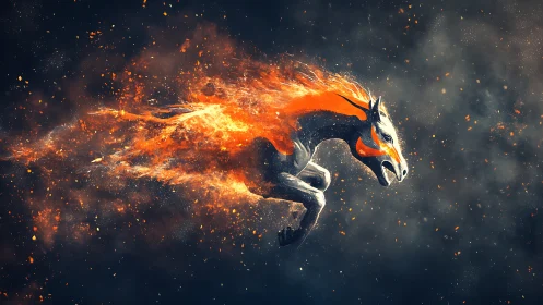 Ignited equine silhouette in mid-gallop amid ember-filled void