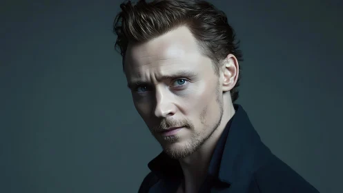 Intense blue-eyed portrait bathed in moody shadowed light.