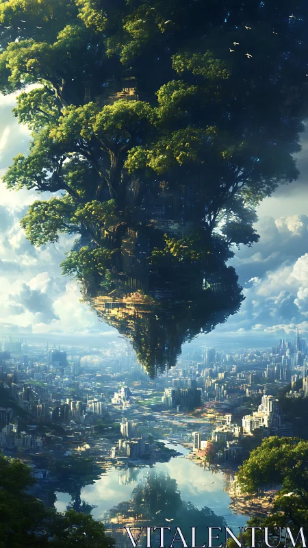 Massive floating tree city above reflective futuristic valley.