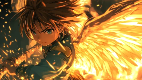 Winged young fighter with glowing fire elements in motion.