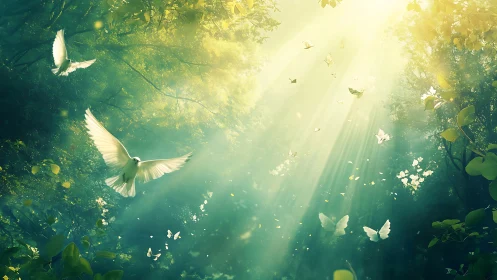 Ethereal doves in sunlit forest canopy with radiant beams.