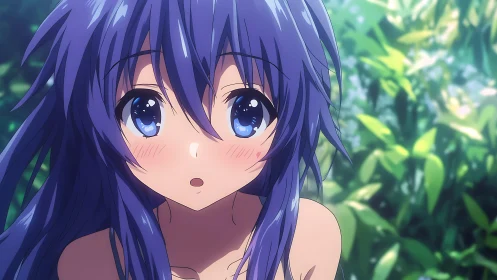 Blue haired anime girl close up in soft forest setting.