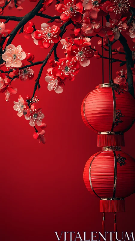 Red lanterns and cherry blossoms on uniform red background.
