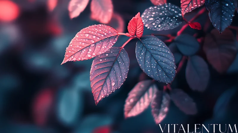 Macro foliage with dew in cyan-magenta bicolor lighting