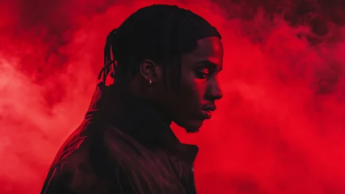 Crimson haze crowns a moody silhouette in electric quiet.