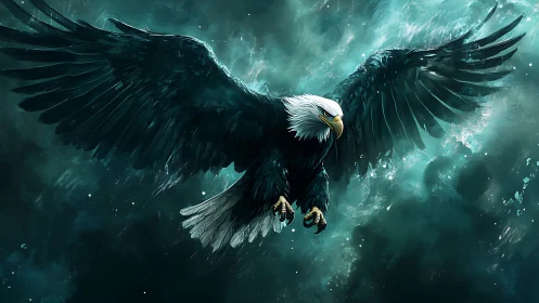 Majestic Bald Eagle in Flight Over Turbulent Skies, Digital Art.