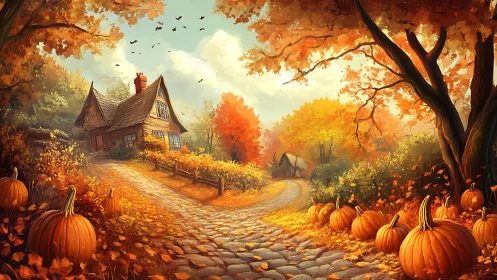 Pumpkin lane curls past a crooked cottage in amber autumn.