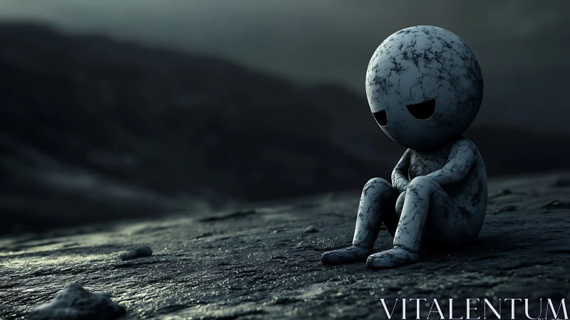 Lonely cracked figure sits on a desolate, rain-dark plain.