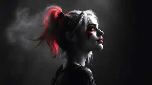 Smoke-kissed jester queen in monochrome spotlight drama.