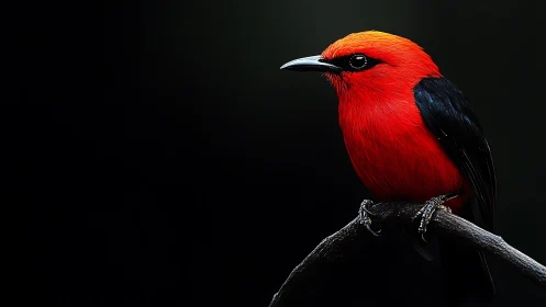 Striking Scarlet Bird on Branch in Dramatic Dark Portrait Style.