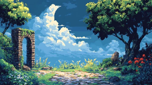 Stone arch stands beside bright pixel forest clearing